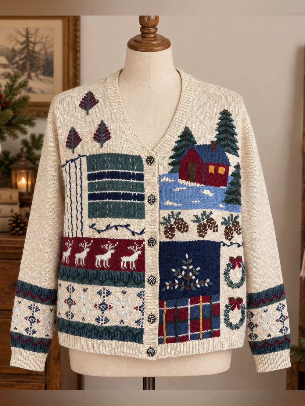 Vintage North Crest Christmas Cardigan L Cabin Reindeer Ramie Cotton 90s